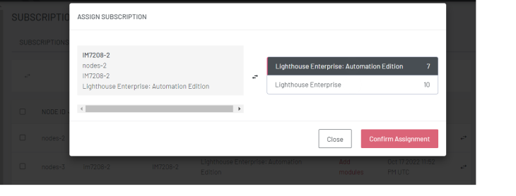 Image of the Lighthouse UI showing how to assign subscriptions